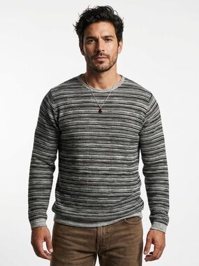 Spanish Designer - Adolfo Dominguez - Grey Striped Crewneck Sweater - Large